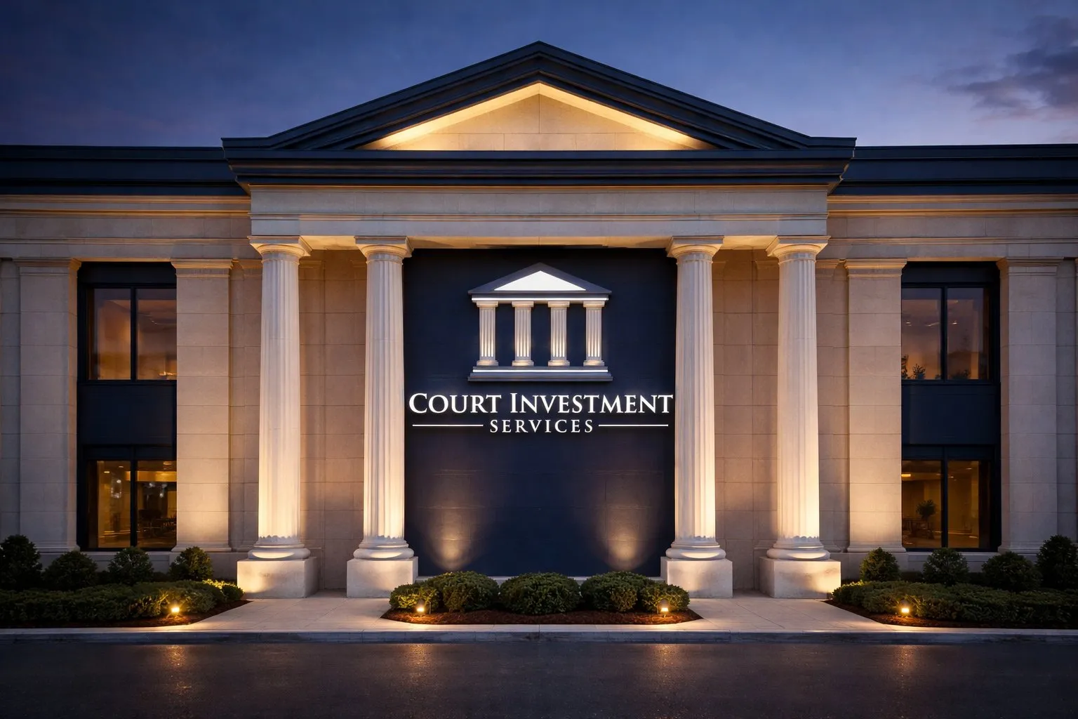 Court Investment Services — classical four-column facade illuminated at dusk